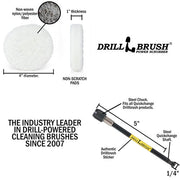 Specs for the Drillbrush 6 Soft White 4 inch Scrubbing Pads and 5 inch extension Kit.