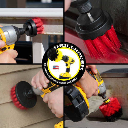 Action shots of a Stiff Red Original brush cleaning deck steps, a Stiff Red 2 inch Short Drillbrush cleaning an outdoor railing, a Stiff Red 4 inch Drillbrush cleaning vinyl siding, and a Stiff Red 2 inch Long Drillbrush cleaning a window frame.