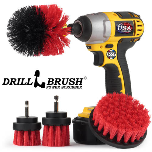 Drillbrush 42OS-2L Stiff Red Outdoor & Patio Brush Kit with an Original brush in a cordless drill.