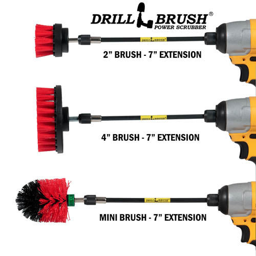 Images of the Drillbrush 2 inch Short, 4 inch, and Mini Stiff Red Outdoor & Patio Brushes in 7 inch extensions in cordless drills.