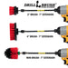Images of the Drillbrush 2 inch Short, 4 inch, and Mini Stiff Red Outdoor & Patio Brushes in 7 inch extensions in cordless drills.