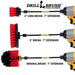 Images of the Drillbrush 2 inch Long, 5 inch, and Original Stiff Red Outdoor & Patio Brushes in 7 inch extensions in cordless drills.