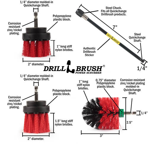 Specs for the Drillbrush 2 inch Short, 2 inch Long, and Mini Red Stiff Outdoor & Patio Brush Kit, as well as a 7 inch extension.