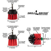 Specs for the Drillbrush 2 inch Short, 2 inch Long, and Mini Red Stiff Outdoor & Patio Brush Kit.