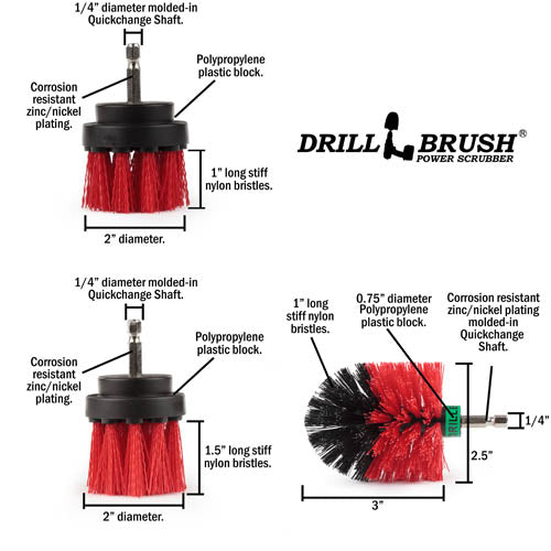 Specs for the Drillbrush 2 inch Short, 2 inch Long, and Mini Red Stiff Outdoor & Patio Brush Kit.