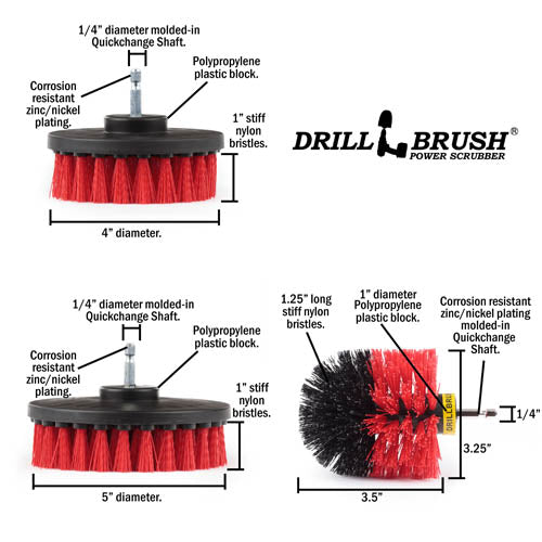Specs for the Drillbrush 4 inch, 5 inch, and Original Red Stiff Outdoor & Patio Brush Kit.