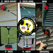 Action shots of a Stiff Red Original brush in a 7 inch extension cleaning an outdoor lighting fixture, a Stiff Red 2 inch Short brush in a 7 inch extension cleaning an overhang, a Stiff Red 2 inch Long brush in a 7 inch extension cleaning a door frame, a Stiff Red Mini brush in a 7 inch extension cleaning shutters, a Stiff Red 4 inch brush in a 7 inch extension cleaning a deck table, and a Stiff Red 5 inch brush in a 7 inch extension cleaning deck railing.