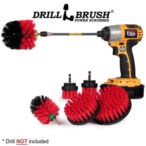 Drillbrush 542OMS-2L-7X Stiff Red Outdoor & Patio Brush Kit with an Original brush in a 7 inch extension in a cordless drill.