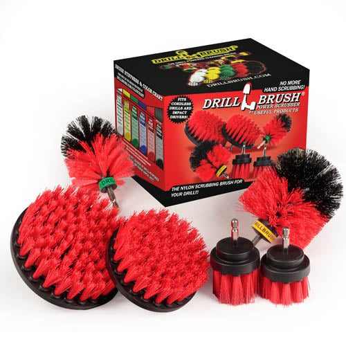 The Drillbrush 542OMS-2L Red Stiff Outdoor & Patio Brush Kit in front of the box it comes in.