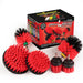 The Drillbrush 542OMS-2L Red Stiff Outdoor & Patio Brush Kit in front of the box it comes in.