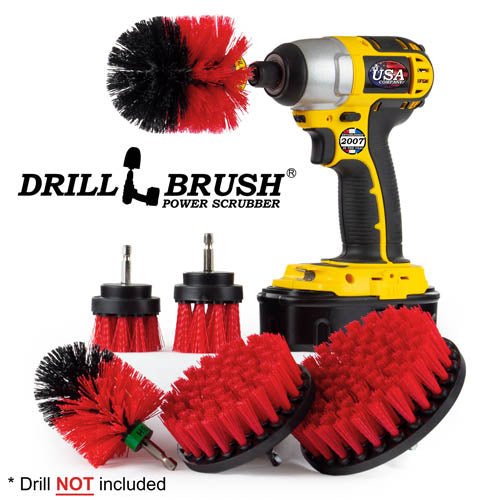 Drillbrush 542OMS-2L Stiff Red Outdoor & Patio Brush Kit with an Original brush in a cordless drill.