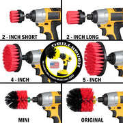 Images of the Drillbrush 2 inch Short, 2 inch Long, 4 inch, 5 inch, Mini, and Original Stiff Red Outdoor & Patio Brushes in cordless drills.