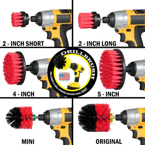 Images of the Drillbrush 2 inch Short, 2 inch Long, 4 inch, 5 inch, Mini, and Original Stiff Red Outdoor & Patio Brushes in cordless drills.