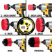 Images of the Drillbrush 2 inch Short, 2 inch Long, 4 inch, 5 inch, Mini, and Original Stiff Red Outdoor & Patio Brushes in cordless drills.