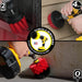 Action shots of a Stiff Red Original brush cleaning deck steps, a Stiff Red 2 inch Long Drillbrush cleaning a window frame, and a Stiff Red 4 inch Drillbrush cleaning vinyl siding.