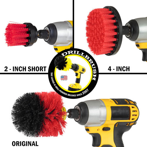 Images of the Drillbrush 2 inch Long, 4 inch, and Original Stiff Red Outdoor & Patio Brushes in cordless drills.