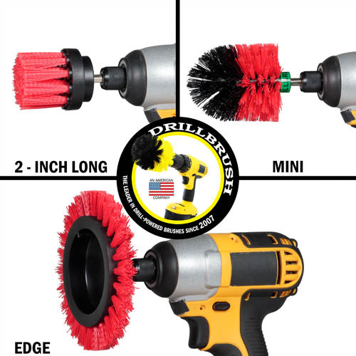 Images of the Drillbrush 2 inch Long, Edge, and Mini Stiff Red Outdoor & Patio Brushes in cordless drills.