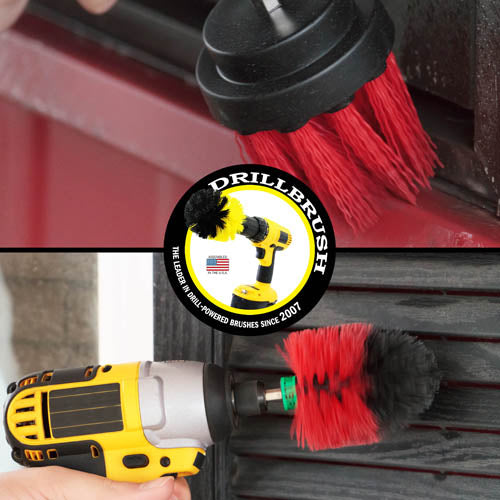 Action shots of a Stiff Red 2 inch Long Drillbrush cleaning a window frame and a Stiff Red Mini Drillbrush cleaning shutters.