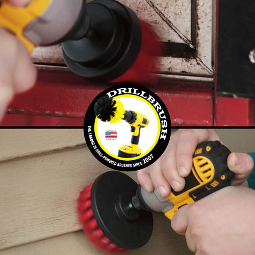 Action shots of a Stiff Red 2 inch Short Drillbrush cleaning a window frame, and a Stiff Red 4 inch Drillbrush cleaning vinyl siding.
