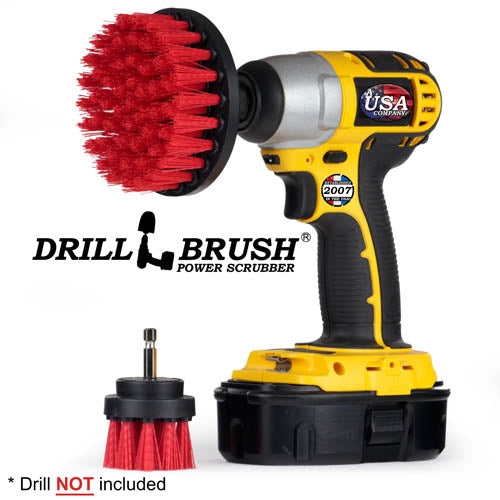 Drillbrush 42 Stiff Red Outdoor & Patio Brush Kit with a 4 inch brush in a cordless drill.