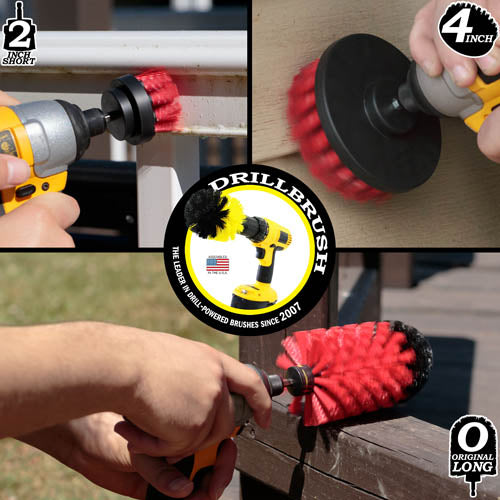 Action shots of a Stiff Red Original Jumbo brush cleaning deck railing, a Stiff Red 2 inch Short Drillbrush cleaning an outdoor railing, and a Stiff Red 4 inch Drillbrush cleaning vinyl siding.