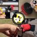 Action shots of a Stiff Red Original Jumbo brush cleaning deck railing, a Stiff Red 2 inch Short Drillbrush cleaning an outdoor railing, and a Stiff Red 4 inch Drillbrush cleaning vinyl siding.