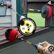 Action shots of a Stiff Red Original Drillbrush in a 5 inch extension cleaning a roof, a Stiff Red 2 inch Short Drillbrush in a 5 inch extension cleaning an outdoor light, and a Stiff Red 4 inch Drillbrush in a 5 inch extension cleaning a wooden deck railing.