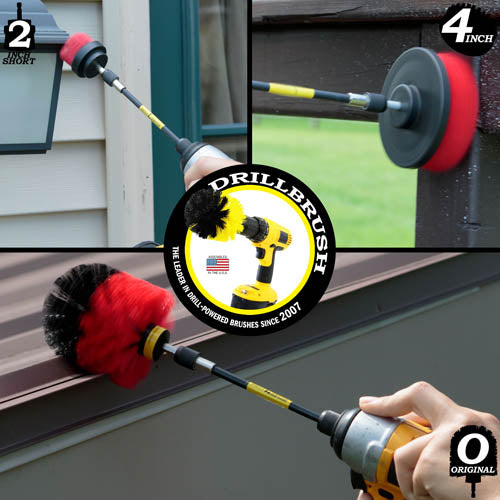 Action shots of a Stiff Red Original Drillbrush in a 5 inch extension cleaning a roof, a Stiff Red 2 inch Short Drillbrush in a 5 inch extension cleaning an outdoor light, and a Stiff Red 4 inch Drillbrush in a 5 inch extension cleaning a wooden deck railing.