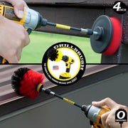 Action shots of a Stiff Red Original brush in a 5 inch extension cleaning a roof and a Stiff Red 4 inch in a 5 inch extension cleaning a wooden railing.