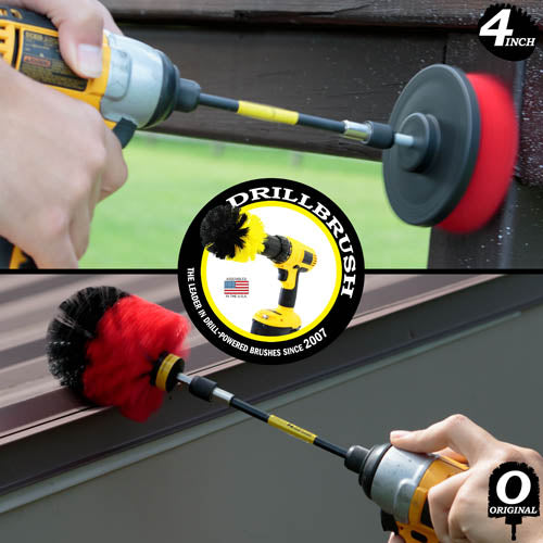 Action shots of a Stiff Red Original brush in a 5 inch extension cleaning a roof and a Stiff Red 4 inch in a 5 inch extension cleaning a wooden railing.