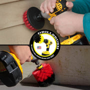 Action shots of a Stiff Red Original brush cleaning deck steps and a Stiff Red 4 inch cleaning vinyl siding.