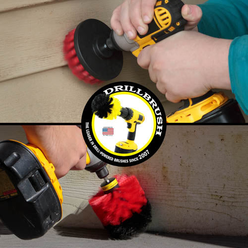 Action shots of a Stiff Red Original brush cleaning deck steps and a Stiff Red 4 inch cleaning vinyl siding.