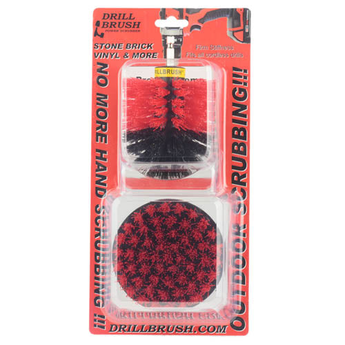 The Drillbrush 4O Red Stiff Outdoor & Patio Brush Kit in the blister pack it comes in.