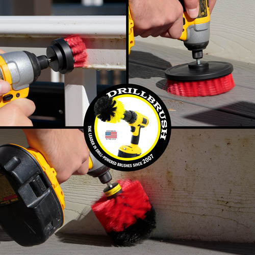 Action shots of a Stiff Red Original brush cleaning deck steps, a Stiff Red 2 inch Short Drillbrush cleaning an outdoor railing, and a Stiff Red 5 inch cleaning a deck.