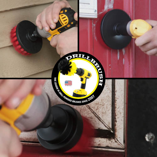 Action shots of a Stiff Red 2 inch Short Drillbrush cleaning a window frame, a Stiff Red 4 inch Drillbrush cleaning vinyl siding, and a Stiff Red 5 inch cleaning metal siding.
