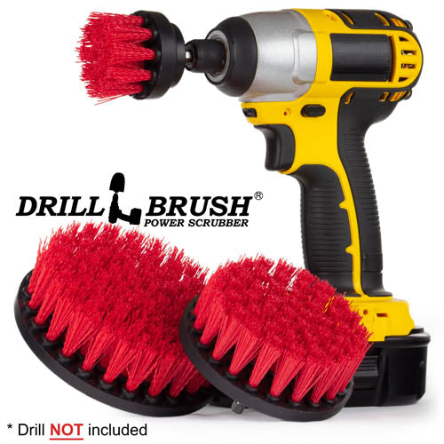 Drillbrush 542 Stiff Red Outdoor & Patio Brush Kit with a 2 inch Short brush in a cordless drill.