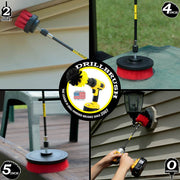 Action shots of a Stiff Red Original brush in a 7 inch extension cleaning and outdoor lighting fixture, a Stiff Red 2 inch Short Drillbrush 7 inch extension cleaning eaves, a Stiff Red 4 inch Drillbrush 7 inch extension cleaning vinyl furniture, and a Stiff Red 5 inch Drillbrush 7 inch extension cleaning a deck railing.