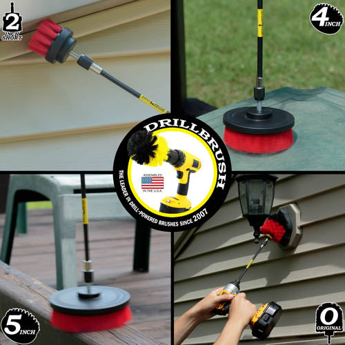 Action shots of a Stiff Red Original brush in a 7 inch extension cleaning and outdoor lighting fixture, a Stiff Red 2 inch Short Drillbrush 7 inch extension cleaning eaves, a Stiff Red 4 inch Drillbrush 7 inch extension cleaning vinyl furniture, and a Stiff Red 5 inch Drillbrush 7 inch extension cleaning a deck railing.