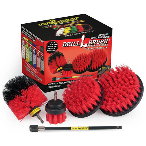 The Drillbrush 542O-7X Red Stiff Outdoor & Patio Brush Kit in front of the box it comes in.