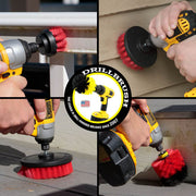 Action shots of a Stiff Red Original brush cleaning deck steps, a Stiff Red 2 inch Short Drillbrush cleaning an outdoor railing, a Stiff Red 4 inch Drillbrush cleaning vinyl siding, and a Stiff Red 5 inch cleaning a deck.