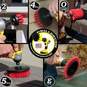 Action shots of a Stiff Red Original Jumbo brush cleaning deck railing, a Stiff Red Edge Drillbrush cleaning a vinyl deck table, a Stiff Red 2 inch Short Drillbrush cleaning an outdoor railing, a Stiff Red 4 inch Drillbrush cleaning vinyl siding, and a Stiff Red 5 inch cleaning a deck.