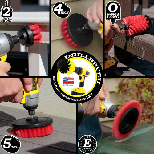 Action shots of a Stiff Red Original Jumbo brush cleaning deck railing, a Stiff Red Edge Drillbrush cleaning a vinyl deck table, a Stiff Red 2 inch Short Drillbrush cleaning an outdoor railing, a Stiff Red 4 inch Drillbrush cleaning vinyl siding, and a Stiff Red 5 inch cleaning a deck.