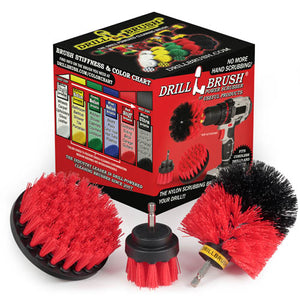 The Drillbrush 42O Red Stiff Outdoor & Patio Brush Kit in front of the box it comes in.