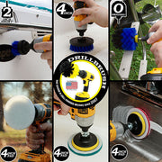 Actions shots of a Medium Blue Original drill brush cleaning a boat ladder, a Medium Blue 4 inch drill brush cleaning the stern of a boat, a Medium Blue 2 inch Short drill brush cleaning boat trim, a Very Soft white scrubbing pad cleaning a window, a Moderate Blue scrubbing pad cleaning a tub, and a Stiff Red scrubbing pad cleaning a sink.