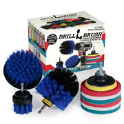 The Medium Blue Drillbrush 42O Marine & Pool Brush Kit with six Variety 4 inch Scrubbing Pads in front of it's packaging.