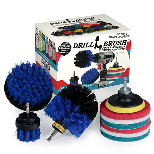 The Medium Blue Drillbrush 42O Marine & Pool Brush Kit with six Variety 4 inch Scrubbing Pads in front of it's packaging.
