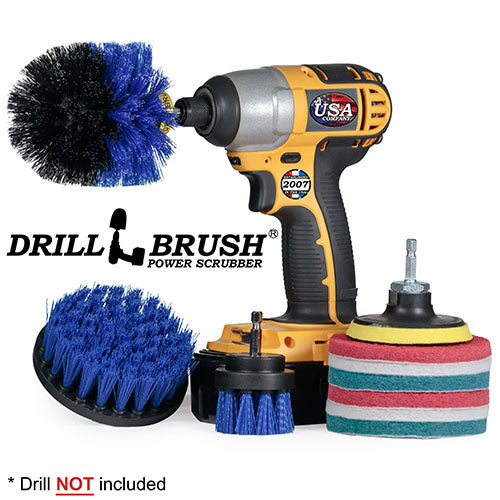 The Medium Blue 42O Marine & Pool Brush Kit with two Very Soft, two Moderate, and two Stiff 4 inch Pads and a 3 inch backer. The Original brush is in a cordless drill.