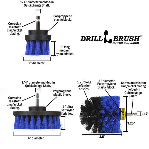Specs for the Medium Blue Original, 4 inch, and 2 inch Short drill brushes.