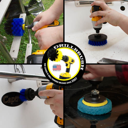 Actions shots of a Medium Blue Original drill brush cleaning a boat ladder, a Medium Blue 4 inch drill brush cleaning the stern of a boat, a Medium Blue 2 inch Short drill brush cleaning boat trim, and a Stiff Blue scrubbing pad cleaning a stovetop.