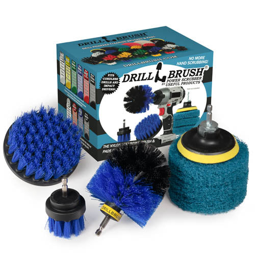 The Medium Blue Drillbrush 42O Marine & Pool Brush Kit with three Stiff Blue 4 inch Scrubbing Pads in front of it's packaging.